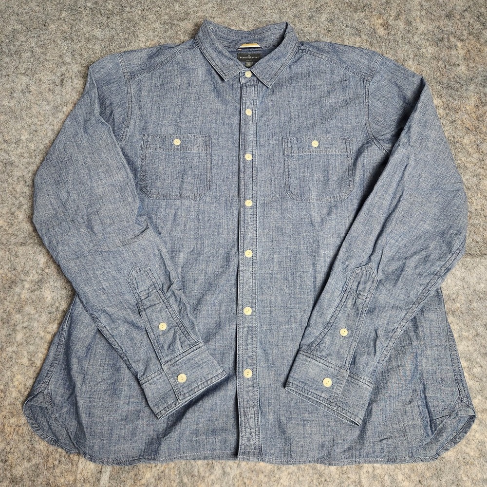 LL Bean Chambray Workshirt Men XL Blue Slim Fit Long Sleeve Button Up Utility